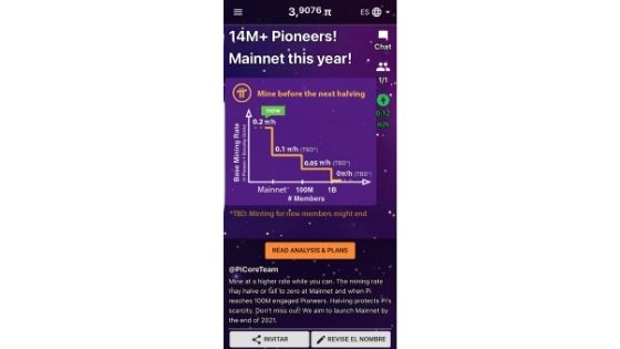 Vista de Pi Network en la app móvil, pi network valor 2021